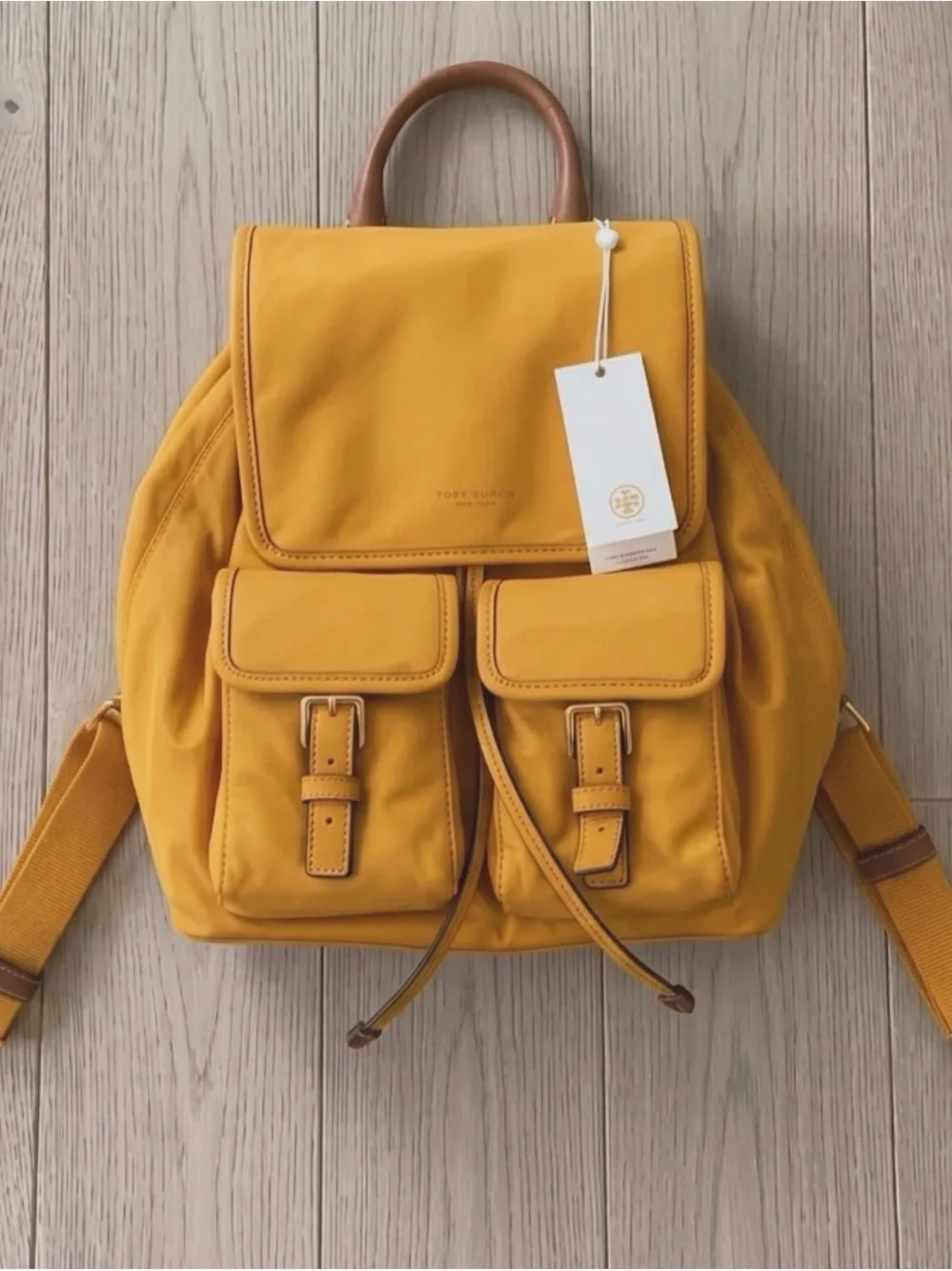 Tory Burch Mustard Yellow Buckle Pocket Backpack